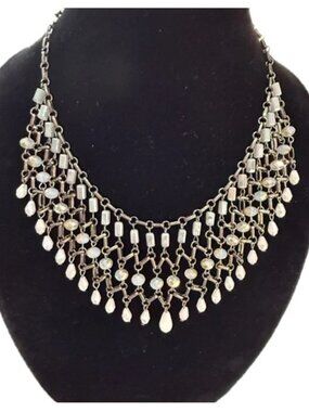 Crystal Fringe Statement Necklace - Silver Tone